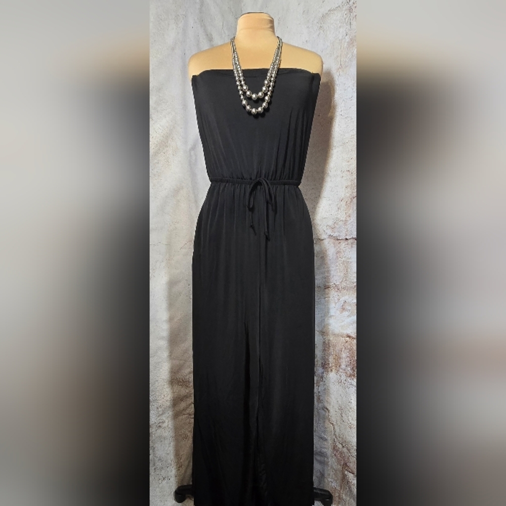 HEART HIPS Medium Stretch Black Crop Strapless Wide Leg Jumpsuit Romper Like New
